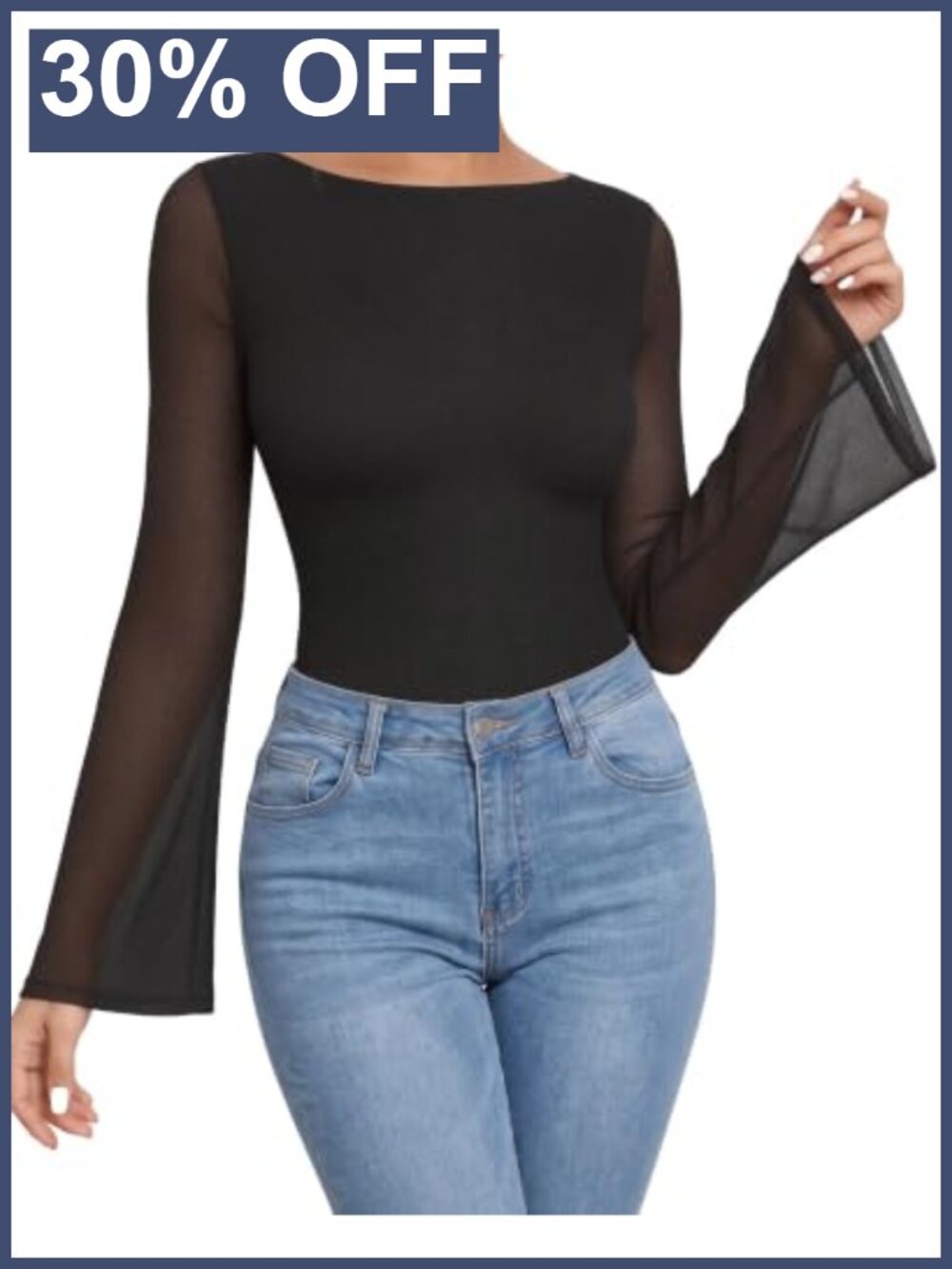 Women Sheer Mesh Long Bell Sleeve Boat Neck Fitted Top